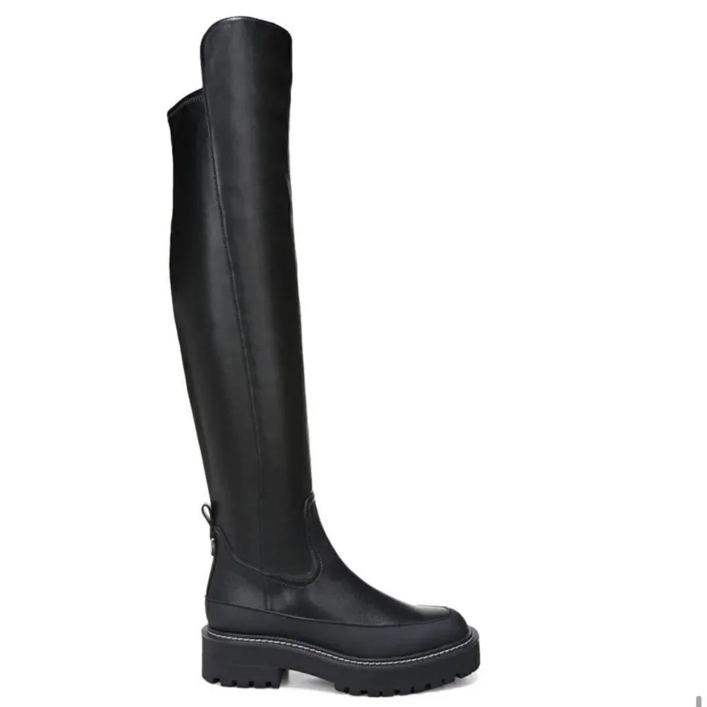 Sam Edelman Lerue Over The Knee Stretch Side Zip Lug Combat Boots Black NWOB
